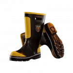 Pair of Fire-Dex® FDXR100 Rubber Fire Boots, with one boot showing the sole and the other resting on the ground, highlighting slip-resistant tread, durable waterproof construction, and protective features for firefighting operations.