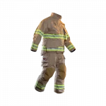 Fire-Dex® FXM turnout coat in tan shown from an angled side view, highlighting fit and protective features.