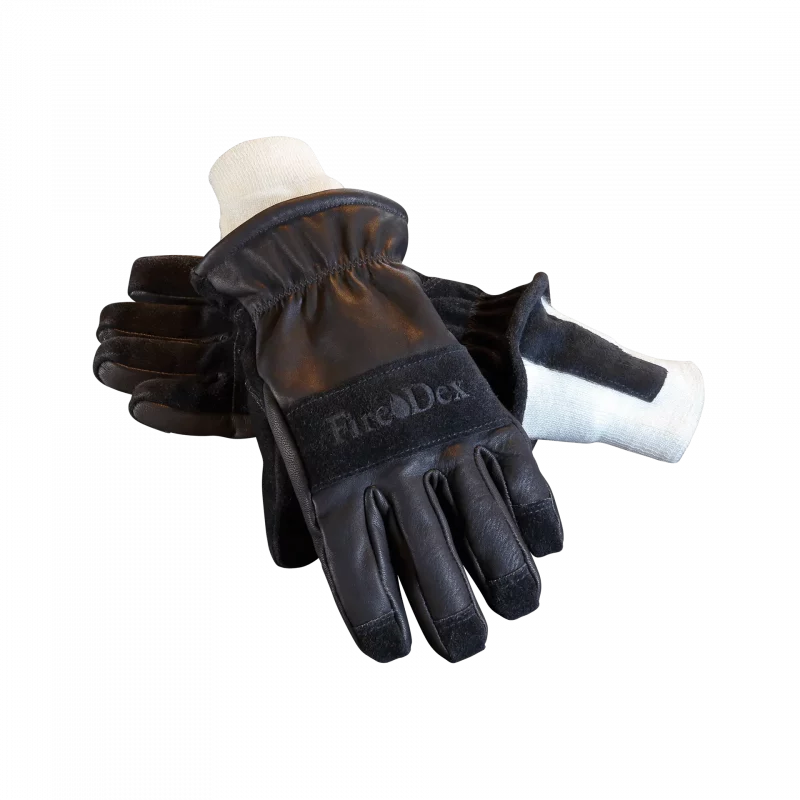 Pair of Fire-Dex® Dex-Pro NFPA 1971 Structural Firefighting Gloves displayed on mannequin hands, showing overall shape, fit, and protective coverage.