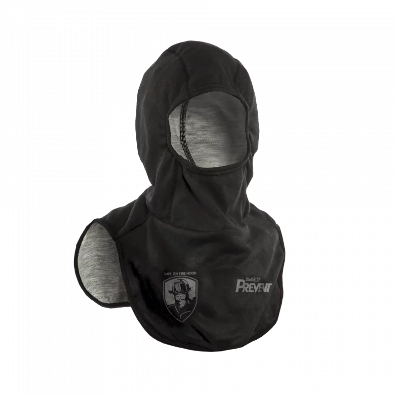 Front right side view of the Fire-Dex® Captain Jim Particulate Blocking Hood without mask, showing protective coverage, material texture, and ergonomic design.