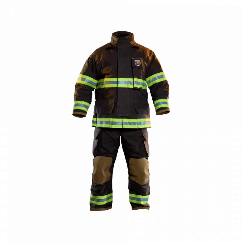 Front view of the Fire-Dex® FXC Economical Turnout jacket in the deluxe model, highlighting closure system, reflective safety trim, and protective features.