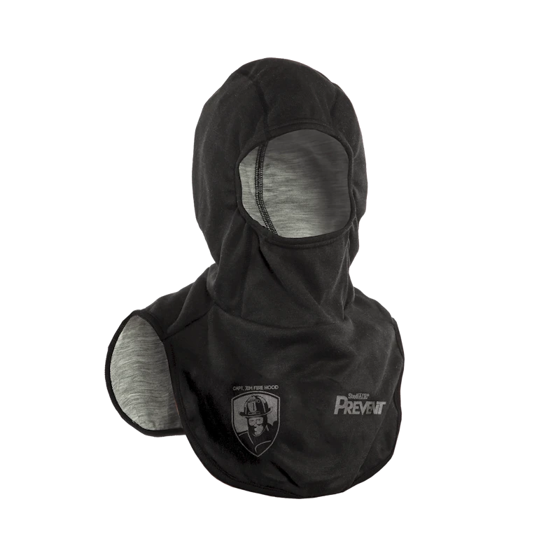 Front right side view of the Fire-Dex® Captain Jim Particulate Blocking Hood without mask, showing protective coverage, material texture, and ergonomic design.