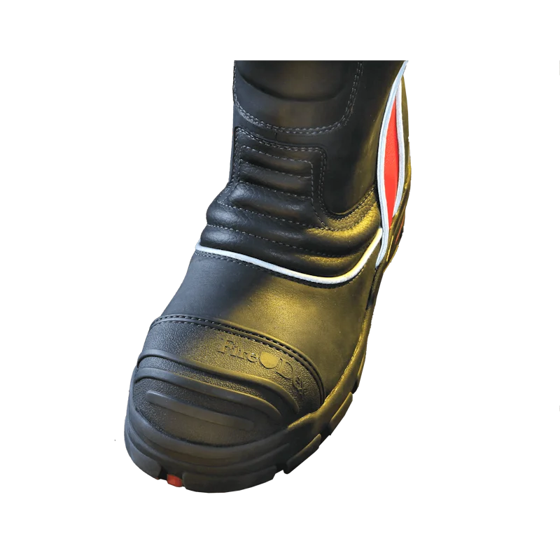 Top front view of a single Fire-Dex® FDXL200 Leather Firefighter Boot, showing toe design, lacing, and protective reinforcement.