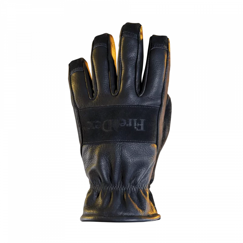 Back side view of a single Fire-Dex® Dex-Pro NFPA 1971 Structural Firefighting Glove, highlighting durable outer shell, reinforced knuckles, and protective stitching.