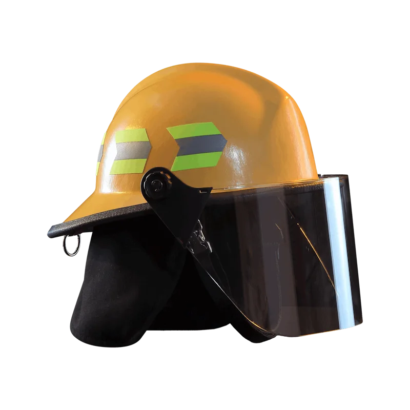 Right side view of a Fire-Dex® Modern Helmet in yellow with visor down, showing shell contours, integrated visor, and reflective trim.