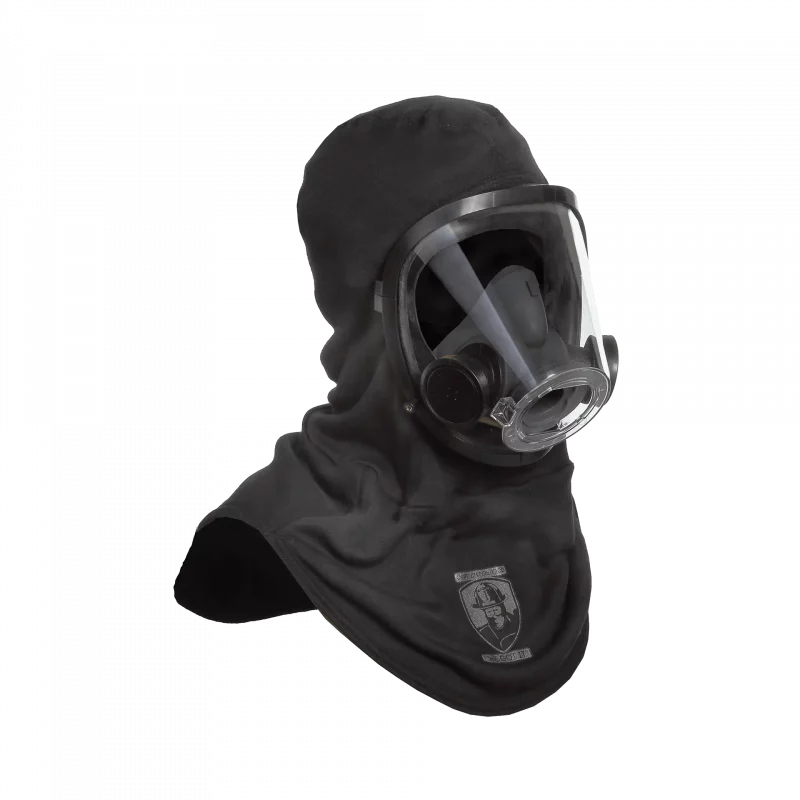 Front right side view of the Fire-Dex® Captain Jim Particulate Blocking Hood with mask, demonstrating integration with respiratory protection and full coverage.
