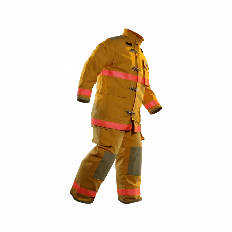 Angled side view of the Fire-Dex® FXC Economical Turnout jacket in the standard model, emphasizing reinforced areas, ergonomic fit, and reflective safety features.