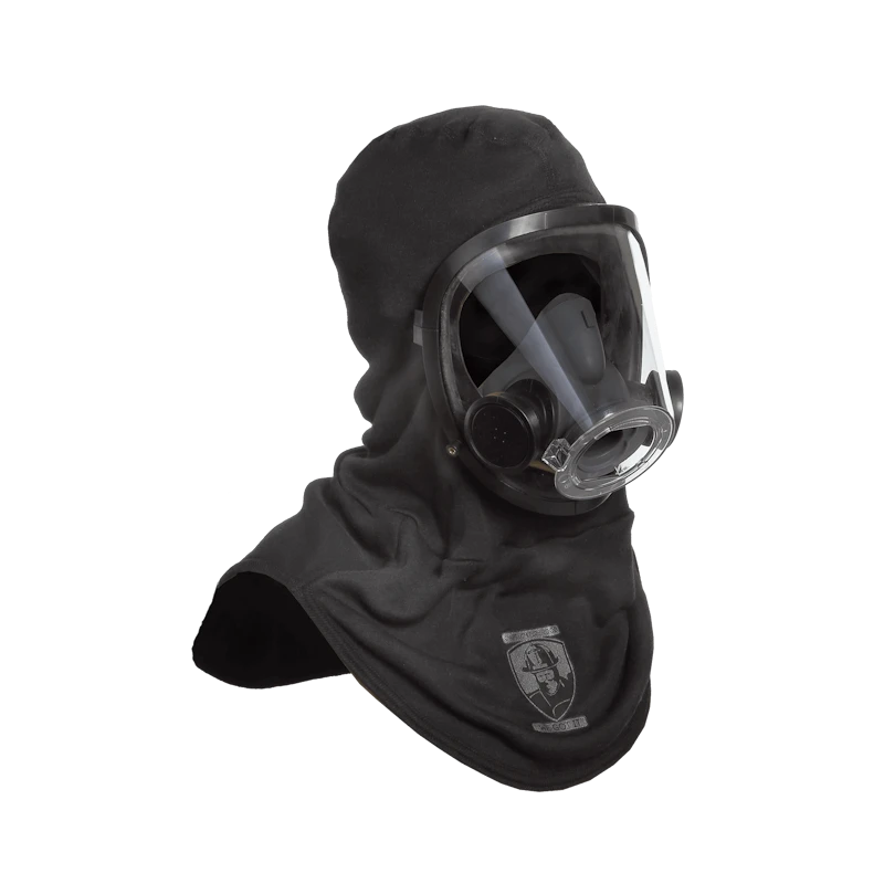 Front right side view of the Fire-Dex® Captain Jim Particulate Blocking Hood with mask, demonstrating integration with respiratory protection and full coverage.