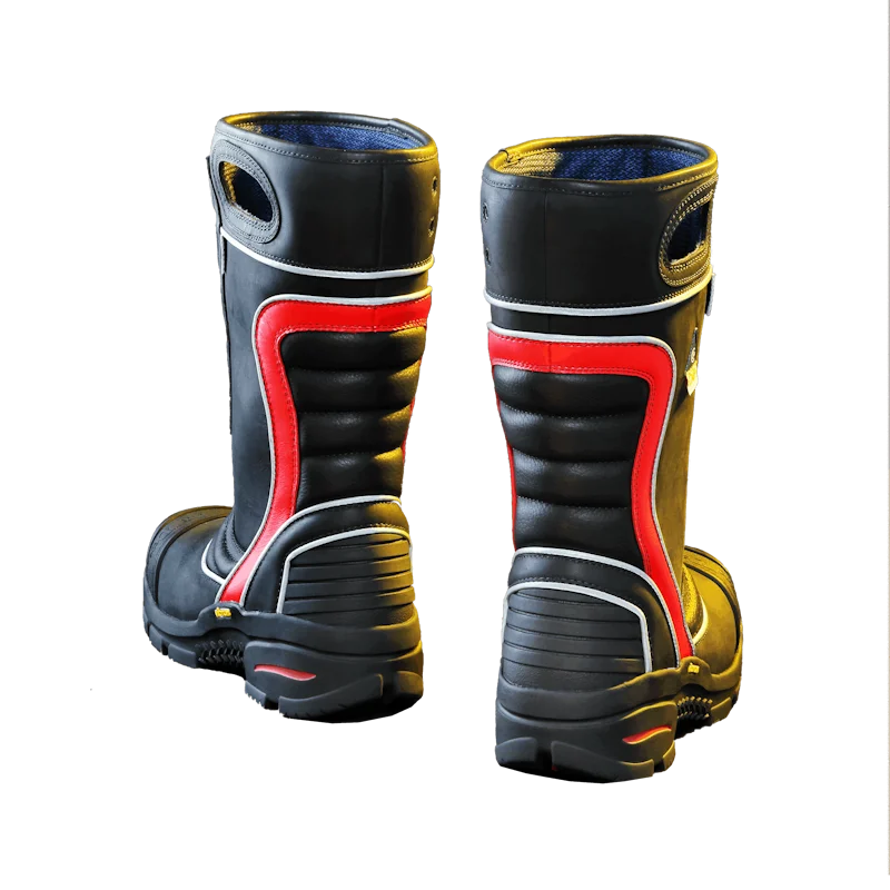 Pair of Fire-Dex® FDXL200 Leather Firefighter Boots, back view with boots pointing away from each other, showing heel design, overall structure, and reflective trim.