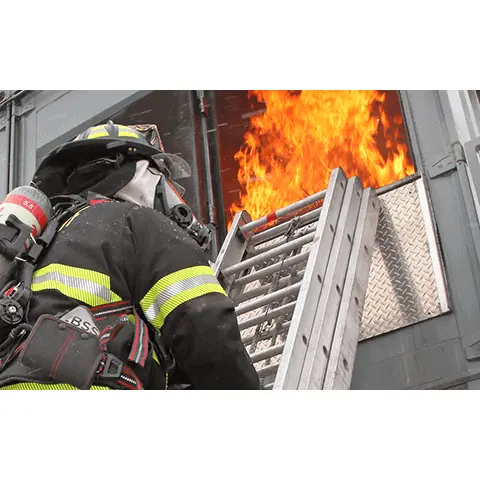 Firefighter wearing the Fire-Dex® H41 Interceptor with STEDAIR® Prevent jacket while climbing a ladder to a window with flames coming out of the building, demonstrating mobility, protective coverage, and reflective safety features.