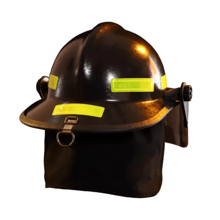 Back right side view of a Fire-Dex® Modern Helmet in black with visor down, showing rear shell design, reflective trim, and integrated visor.