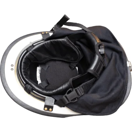 Under view of a Fire-Dex® Modern Helmet in white, displaying interior suspension, straps, and padding for comfort and secure fit.