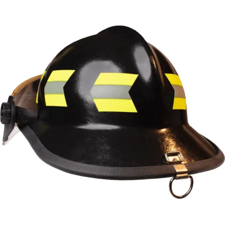 Back left side view of a Fire-Dex® Modern Helmet in black with visor up, showing shell contours, ventilation, and reflective markings.