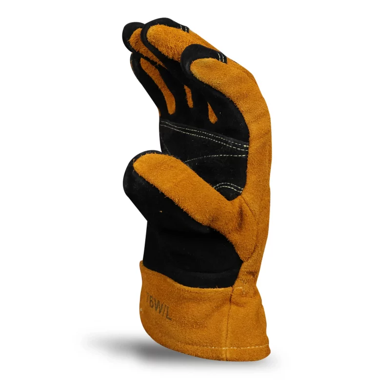 Angled palm side view of a single Majestic Safety MFA 82 Structural Firefighting Glove – Gauntlet with fingertips bent, showing flexibility, reinforced palm, and ergonomic design.