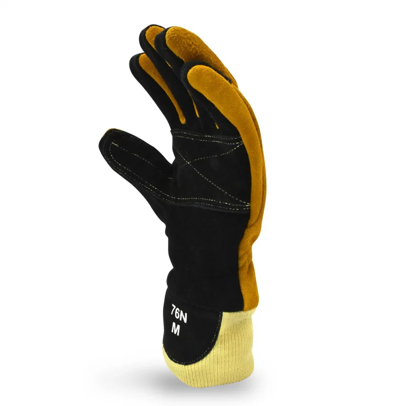 Angled palm side view of a single Majestic Safety MFA 83 Kevlar Structural Firefighting Glove – Wristlet with fingertips bent, showing ergonomic design, reinforced palm, and flexibility.
