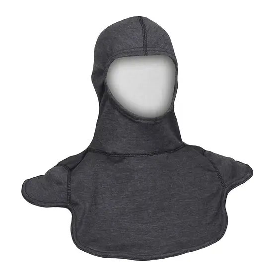 Front view of the MajFire PAC III Nomex Blend Hood in gray, a heat- and flame-resistant firefighter hood made with breathable Nomex blend fabric, providing comfort, extended wear, and full coverage for the head, neck, and shoulders.