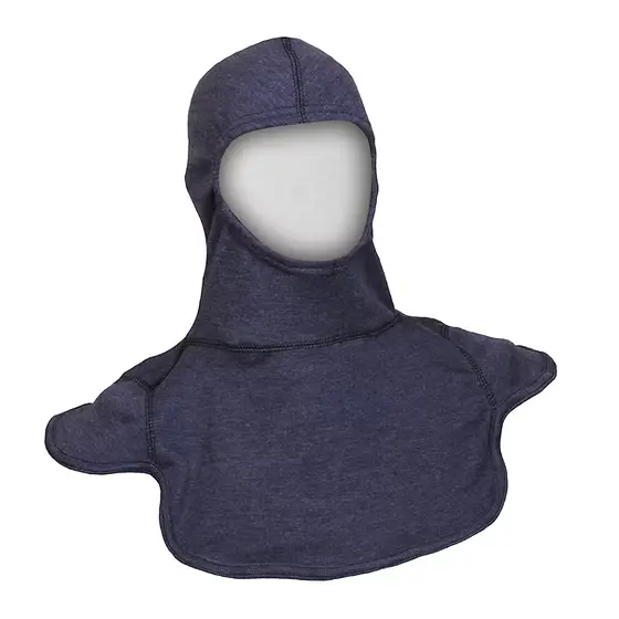 Front view of the MajFire PAC III Nomex Blend Hood in indigo, a heat- and flame-resistant firefighter hood made with breathable Nomex blend fabric, providing comfort, extended wear, and full coverage for the head, neck, and shoulders.