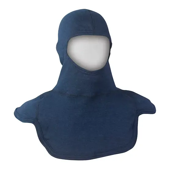 Front view of the MajFire PAC III Nomex Blend Hood in slate blue, a heat- and flame-resistant firefighter hood made with breathable Nomex blend fabric, providing comfort, extended wear, and full coverage for the head, neck, and shoulders.