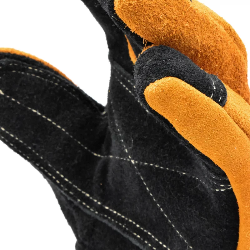 Close-up angled palm side view of a single Majestic Safety MFA 83 Kevlar Structural Firefighting Glove – Wristlet with fingertips bent, showing detailed reinforcement, flexibility, and protective stitching.