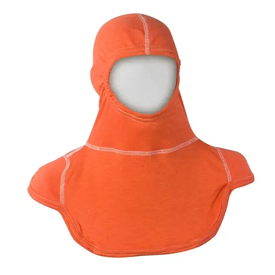 Front view of the MajFire PAC III Nomex Blend Hood in orange, a heat- and flame-resistant firefighter hood made with breathable Nomex blend fabric, providing comfort, extended wear, and full coverage for the head, neck, and shoulders.