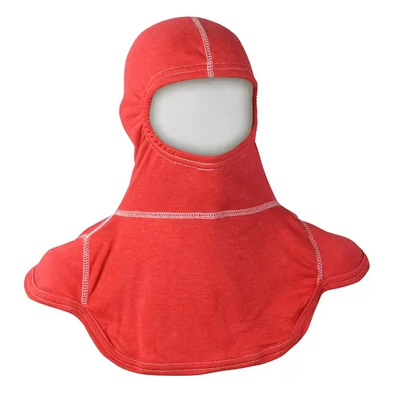 Front view of the MajFire PAC III Nomex Blend Hood in red, a heat- and flame-resistant firefighter hood made with breathable Nomex blend fabric, providing comfort, extended wear, and full coverage for the head, neck, and shoulders.