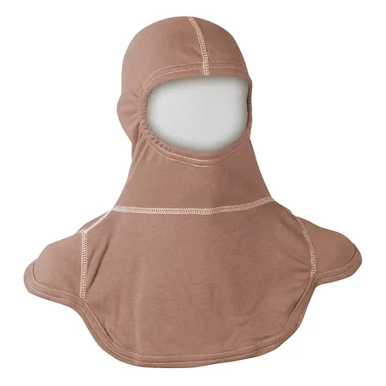 Front view of the MajFire PAC III Nomex Blend Hood in light tan, a heat- and flame-resistant firefighter hood made with breathable Nomex blend fabric, providing comfort, extended wear, and full coverage for the head, neck, and shoulders.