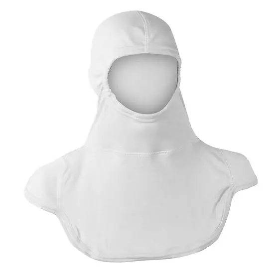 Front view of the MajFire PAC III Nomex Blend Hood in white, a heat- and flame-resistant firefighter hood made with breathable Nomex blend fabric, providing comfort, extended wear, and full coverage for the head, neck, and shoulders.