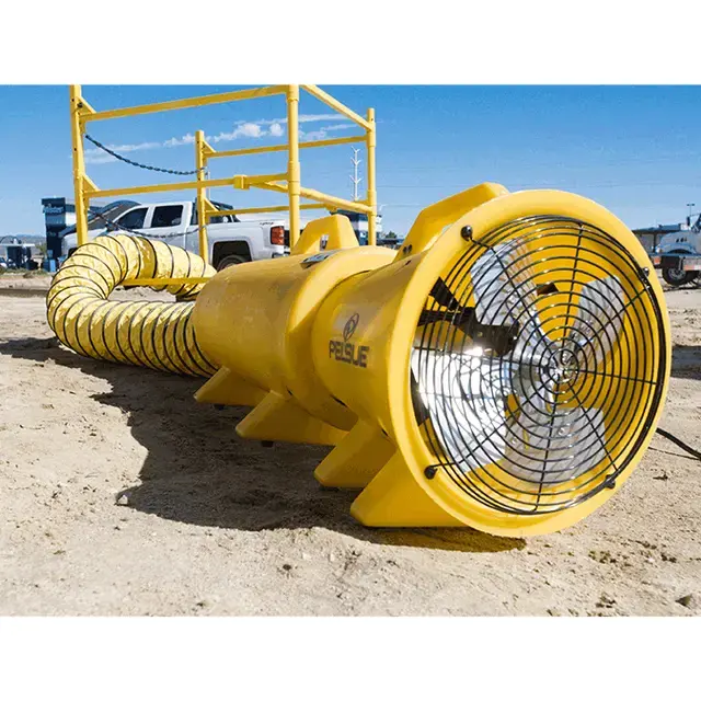 Pelsue® Thermoplastic Axial Blower with Canister operating outdoors, providing efficient ventilation and airflow for industrial or emergency response in open-air environments.