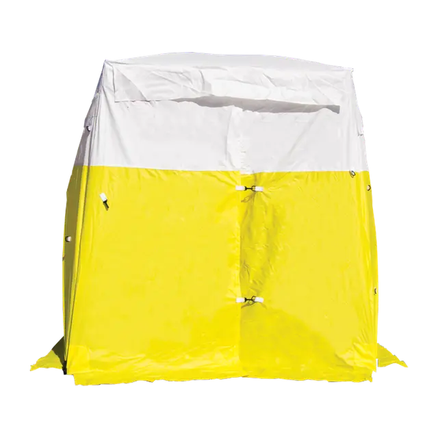 Side view of a Pelsue® Interlocking Series Work Tent showing sturdy frame, weather-resistant fabric, and interlocking design for modular expansion.