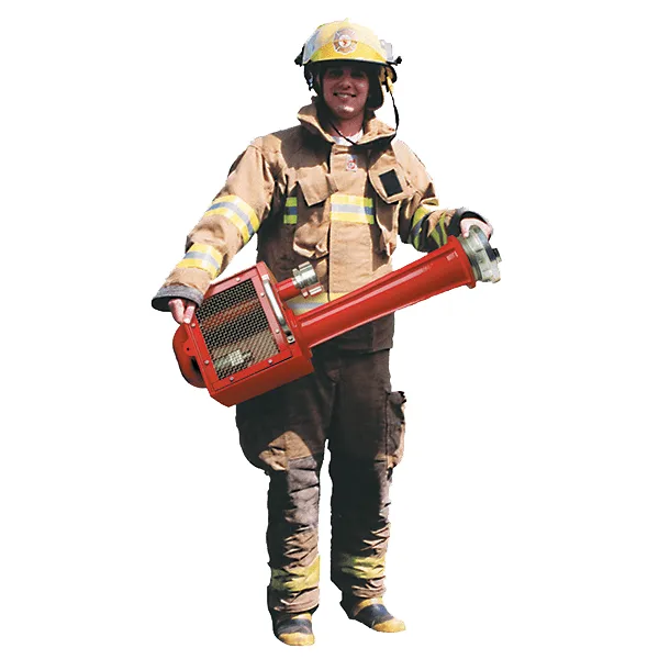 Firefighter holding the Schutte & Koerting 5″ TurboDraft Unit, a high-capacity portable water drafting device designed to enhance firefighting water supply operations.