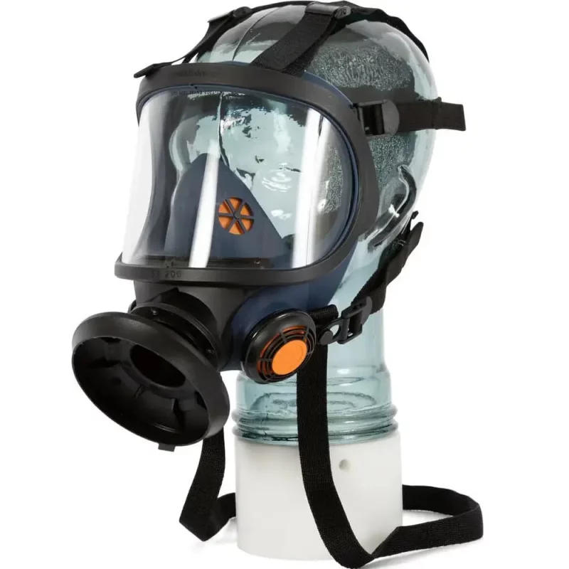Front left side view of the Sundström® SR 200 Glass respirator mounted on a mannequin head, demonstrating proper fit and coverage.