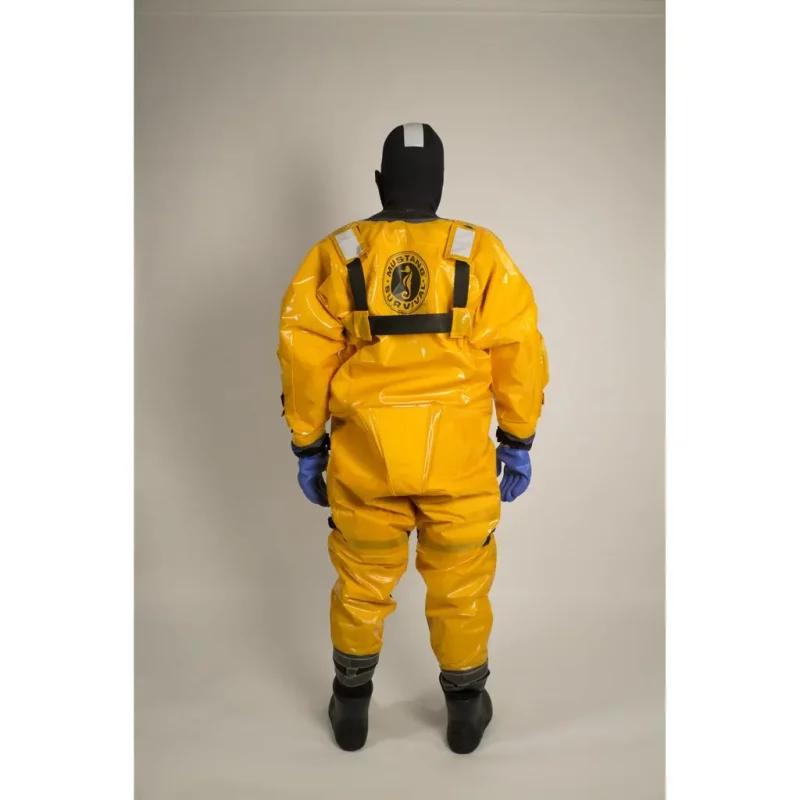 Back view of person in Mustang Survival® Ice Commander Rescue Suit showing reflective markings and suit construction.