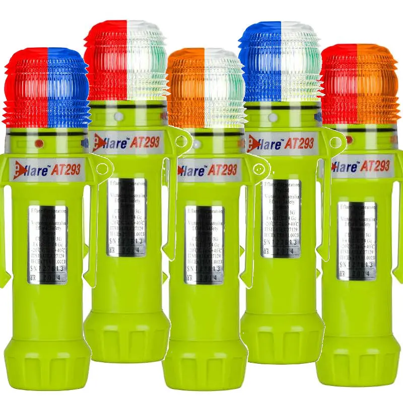 Group of five Eflare™ AT293 Safety Beacons displaying red/white, amber/white, blue/white, red/amber, and red/blue color combinations for diverse safety and emergency signaling needs.