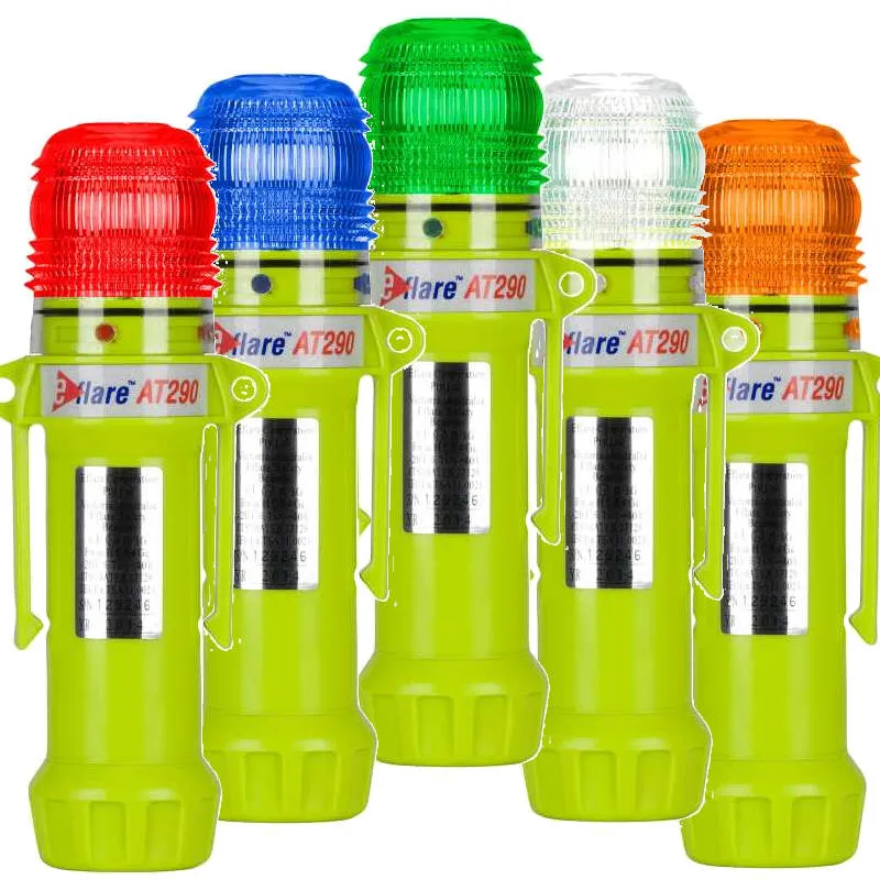 Group of five Eflare™ AT290 Safety Beacons in white, red, amber, blue, and green colors, showcasing versatile safety and emergency signaling options.