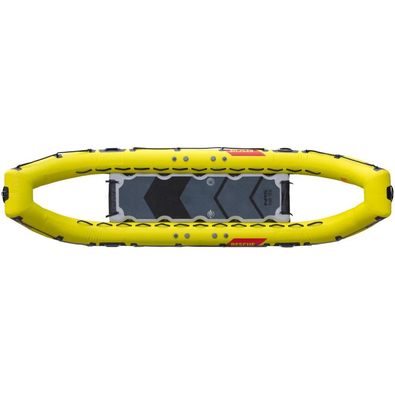 Top view of the NRS ASR 155 Rescue Boat showing full deck layout, grab lines, and rescue platform.