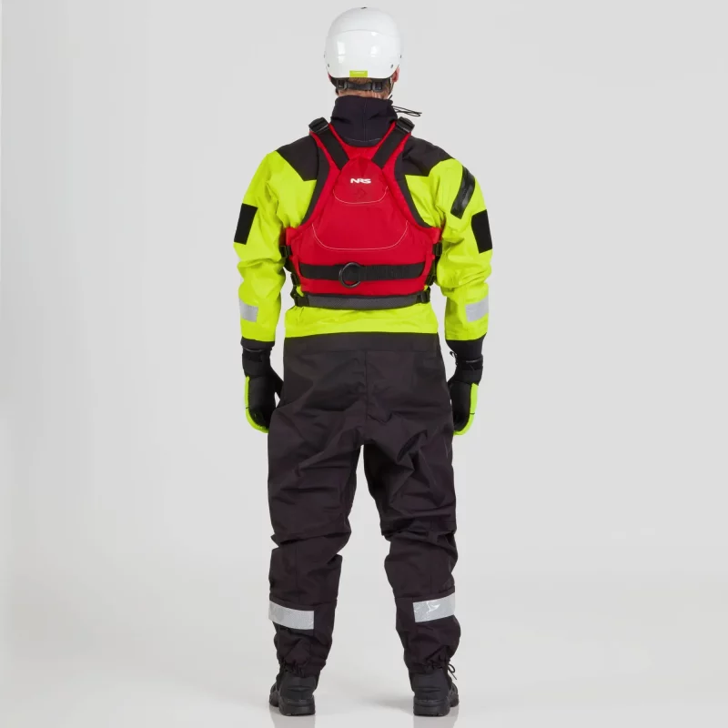 Back view of a man wearing the NRS Ascent SAR Dry Suit in safety yellow with a red equipment bag on the chest, showing the reinforced back panels and safety features.