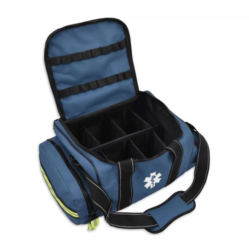Front view of Lightning X LXMB30 navy blue variant large EMT first responder bag with top open, revealing spacious, organized interior compartments.