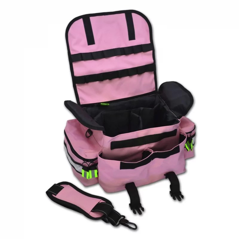 Pink Lightning X LXMB20 small EMT first responder bag open with detached strap in front, showing organized compartments for quick access to medical supplies.