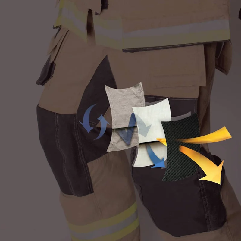 Close-up diagram of Fire-Dex AeroFlex turnout pants highlighting advanced layered fabric construction designed for heat resistance and flexibility.