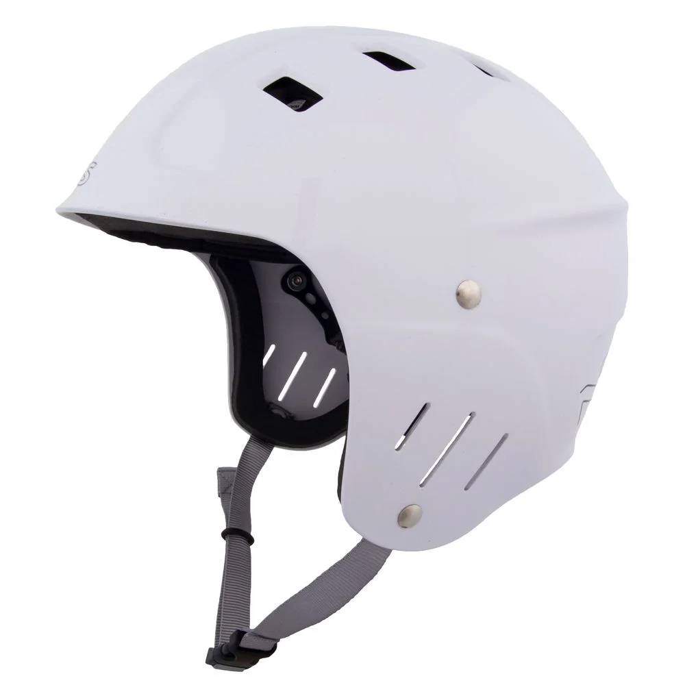 Left side view of the NRS Chaos Full Cut Helmet – Closeout in white, highlighting full ear protection, a durable ABS shell, and ventilation for comfortable, impact-resistant whitewater safety.