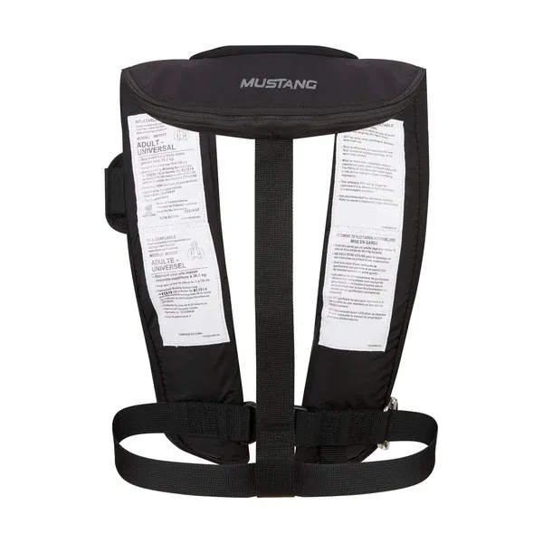 Back view of Mustang Survival® Hit Hydrostatic Inflatable PFD featuring reinforced stitching, harness adjustment points, and compact flotation bladder design.