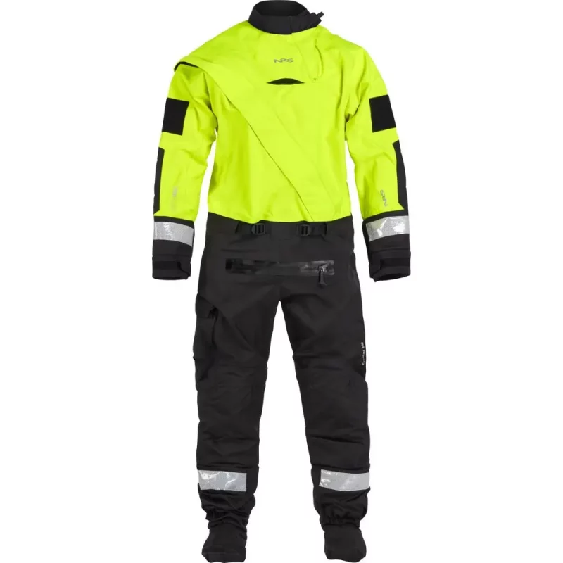 Front view of the NRS Extreme SAR Dry Suit in safety yellow, featuring high-visibility waterproof fabric, reinforced panels, and a heavy-duty front-entry zipper.