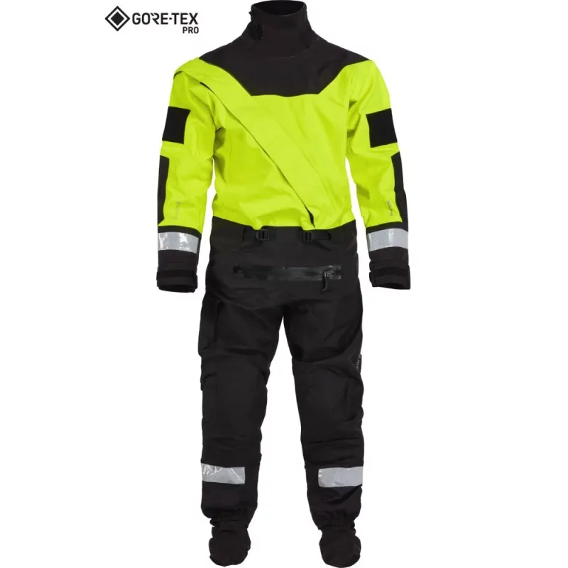 Front view of the NRS Ascent SAR Dry Suit in safety yellow, showing durable waterproof fabric, latex neck gasket, and heavy-duty front zipper.