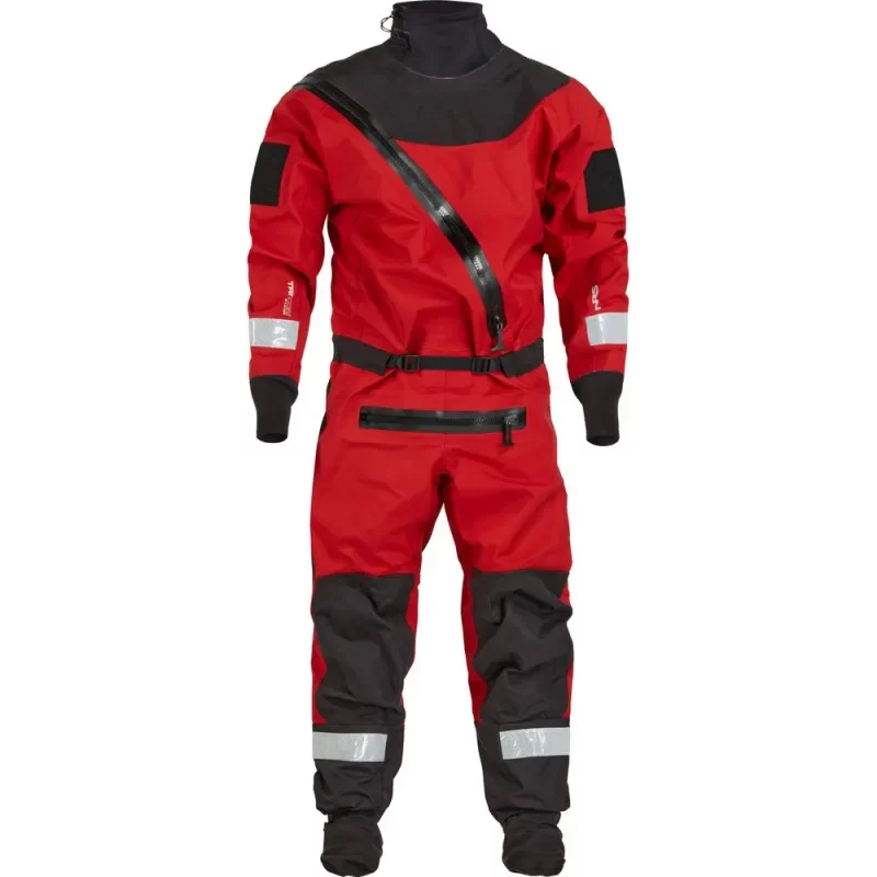 Front view of the NRS Ascent SAR Dry Suit in red, showing the durable waterproof fabric, latex neck gasket, and heavy-duty front zipper.