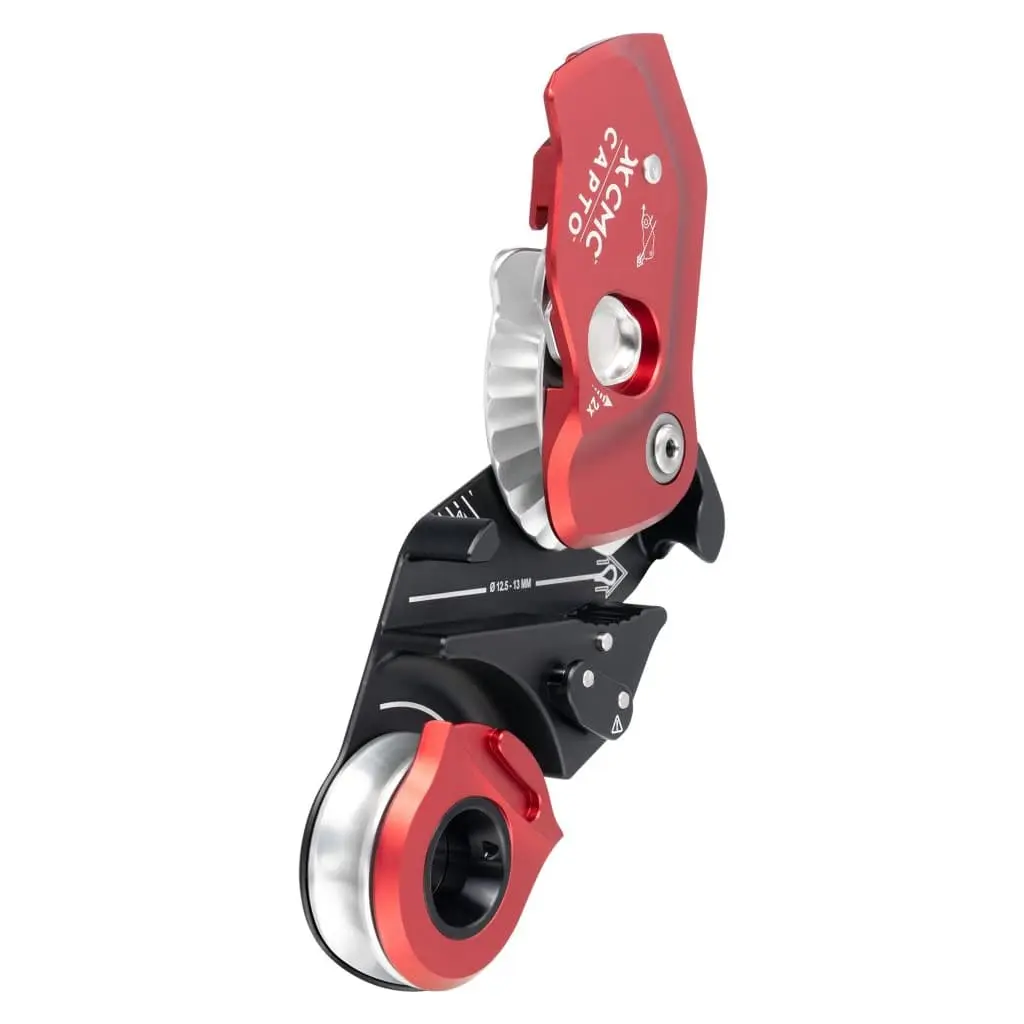 Angled side view of the red CMC™ CAPTO™ Multifunctional Rope Grab in the open position, showcasing its ergonomic design and robust locking mechanism for safe rope access and rescue operations.