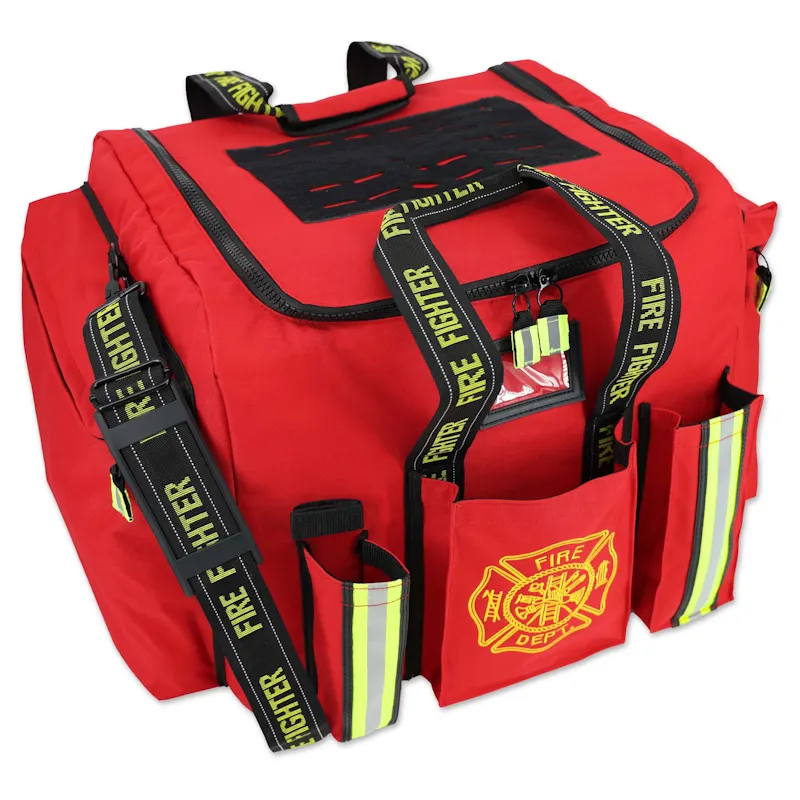 Red Lightning X LXFB20 turnout gear bag with Fire Fighter webbing straps, reflective striped pockets, and embroidered Fire Dept. Maltese cross.
