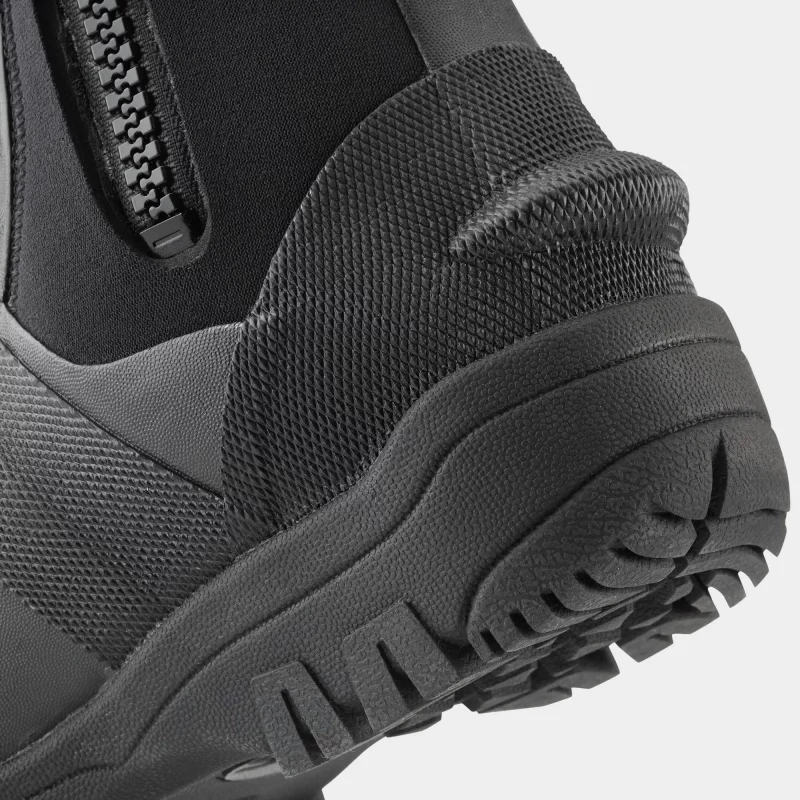Closeup of a single NRS Workboot Wetshoe from the back left side, focusing on the reinforced heel and textured sole area.