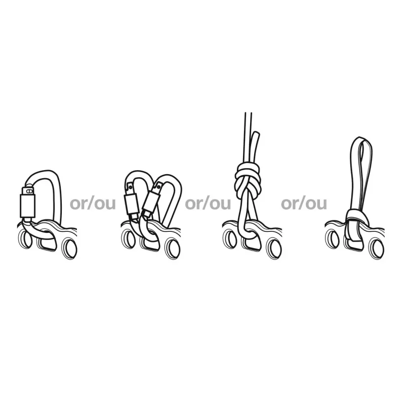 Diagram showing possible carabiner, rope, and strap connection points for the Petzl® PAW Rigging Plate, illustrating organized load distribution in climbing, rescue, and rigging systems.