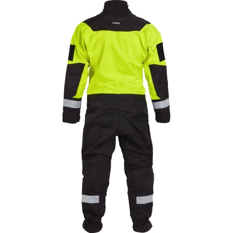 Back view of the NRS Ascent SAR Dry Suit in safety yellow, highlighting reinforced knee panels, sealed seams, and reflective safety accents.