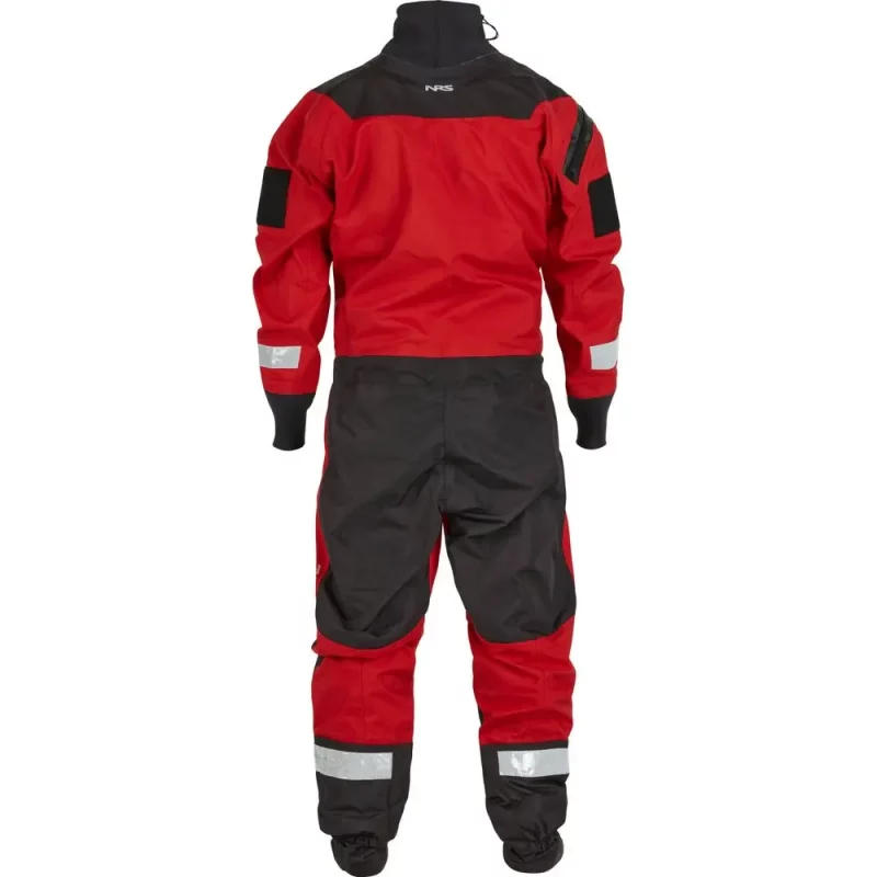 Back view of the NRS Ascent SAR Dry Suit in red, highlighting reinforced knee panels, sealed seams, and reflective safety markings.
